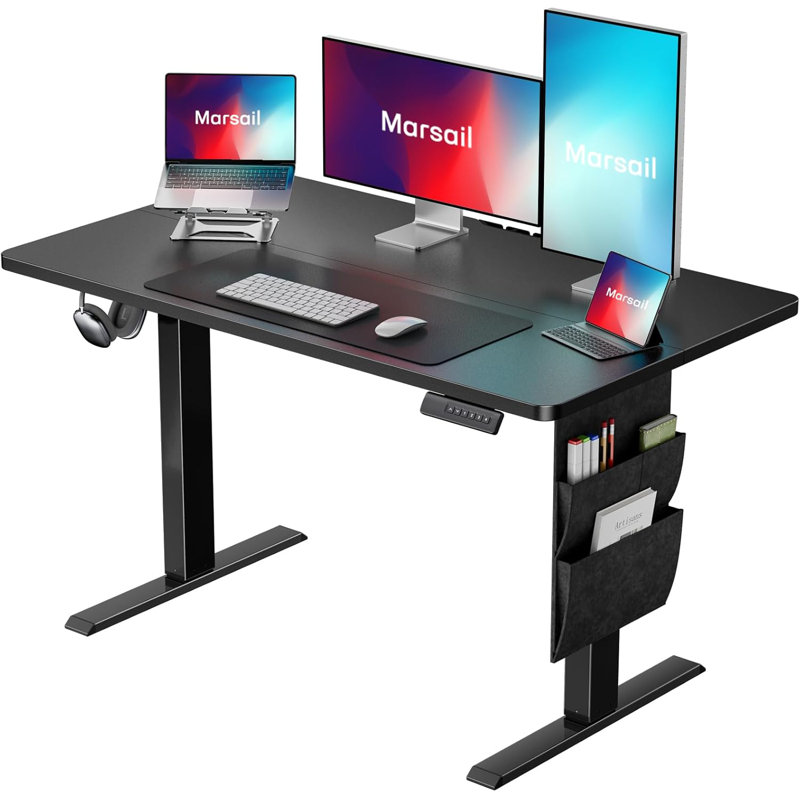 Extra-Wide Electric Standing Desk - Heavy Duty Steel Frame Adjustable w/Smart Memory Presets, Built-In Storage Organizer & Dual Device Dock - Commercial-Grade Home Office & Gaming Desk