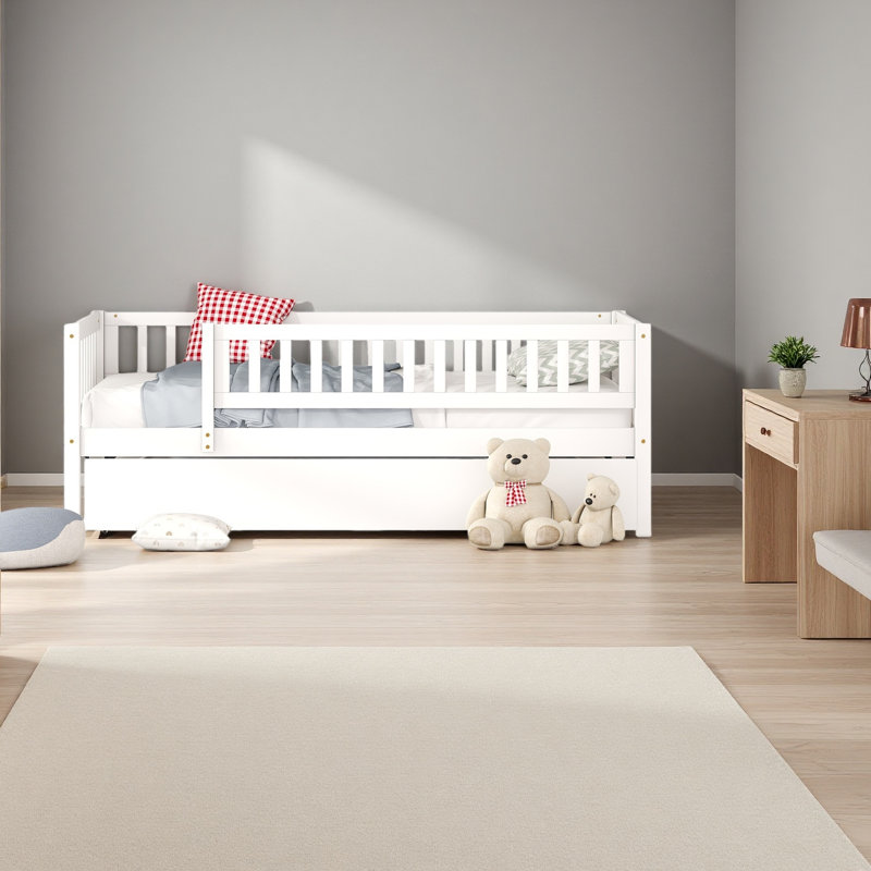 Twin Size Wood Daybed With Trundle And Fence Guardrails, White