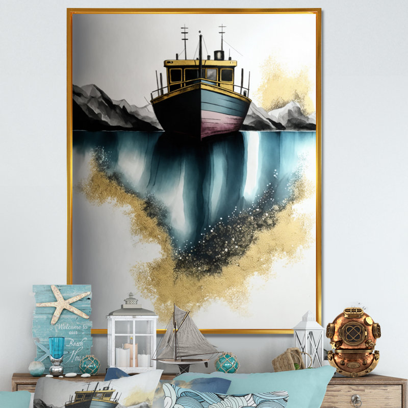 " Green Modern Fishing Boat ", 20" H x 12" W x 1" D, Gold Floater Framed