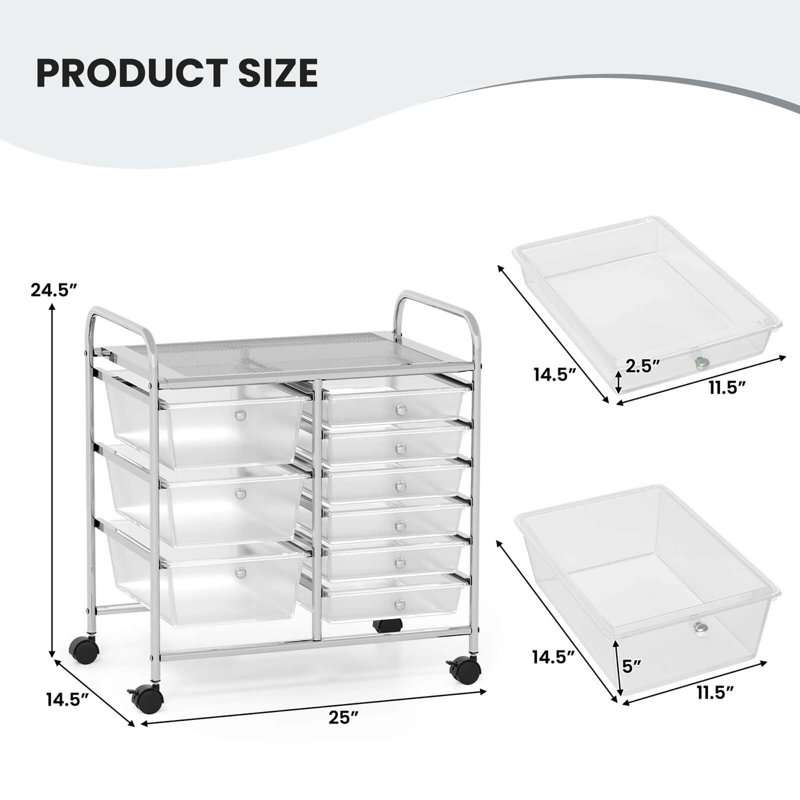 12 Drawers Rolling Cart Storage Scrapbook Paper Studio Organizer Bins, Silver/Clear
