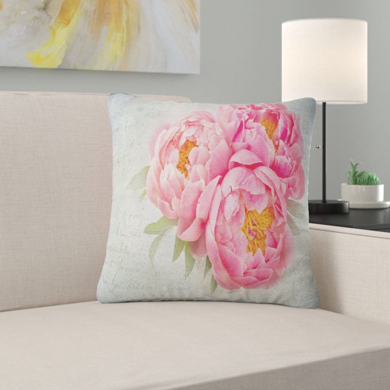Coussin floral fleurs pivoine, 18 po x 18 po, Coussin décoratif