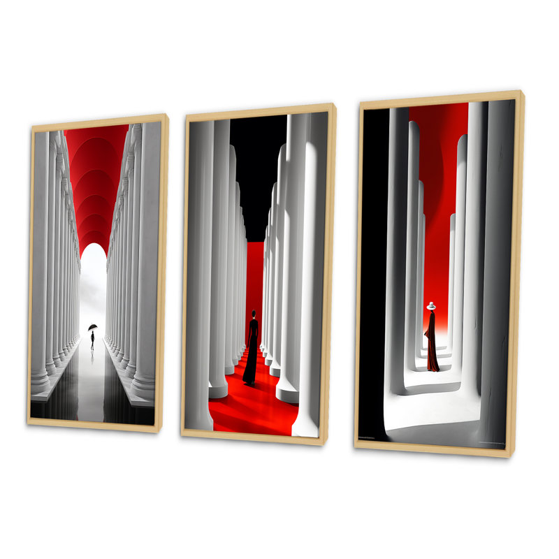 «Wandering On The Way Minimal Architecture I», 3 pièces sur toile, H 28 po x l 36 po, Cadre naturel flottant