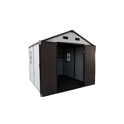 8X8 Ft Outdoor Storage Shed Of Resin, Aluminum Frame, Floor And Two Windows, Great For Lawn Mowers Garden Essentials, Antique Brown + White Resin With Spacious Design, Fixed Tools, &