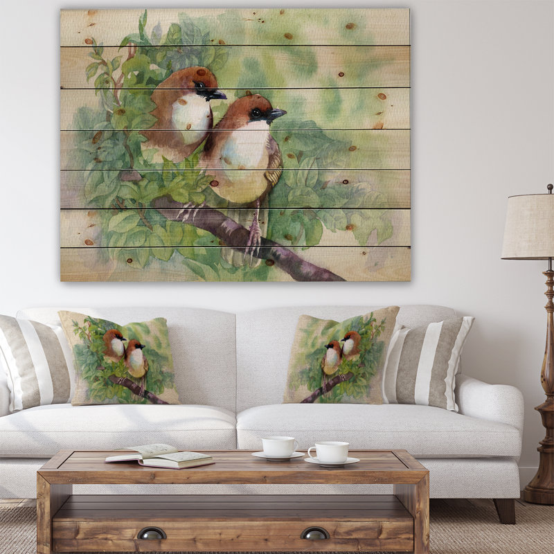 Oiseaux du printemps - Décoration murale traditionnelle en bois - Bois de pin naturel, H 24 po x l 36 po x P 1 po