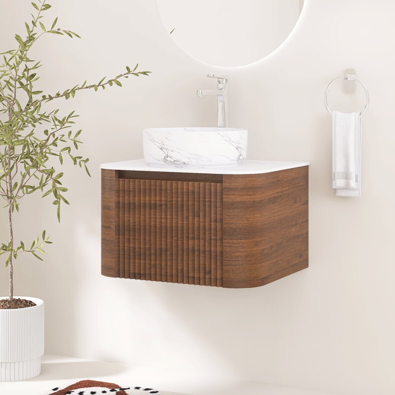 Meuble-lavabo mural cannelé 24 po avec lavabo vasque en céramique, tiroir et porte-serviettes, Walnut