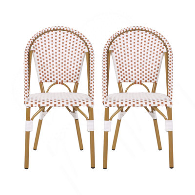 Outdoor PE Ratten And Aluminum french Chairs, Set Of 2, Rusted Red & White, Bamboo Print Finish