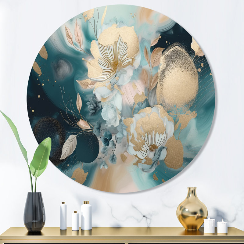 Blue And Gold Exploring Floral Forms IV - Abstract Floral Round Wall Art on Metal, 36" H x 36" W x 1" D