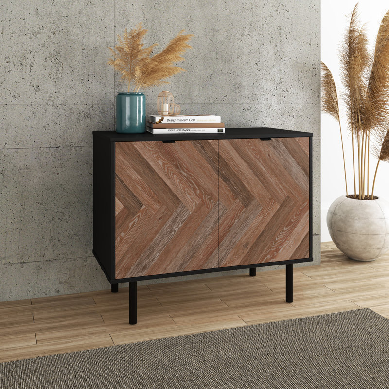 Armoire d'appoint Mid-Century moderne à 2 portes avec tablettes Liam, Noir / brun