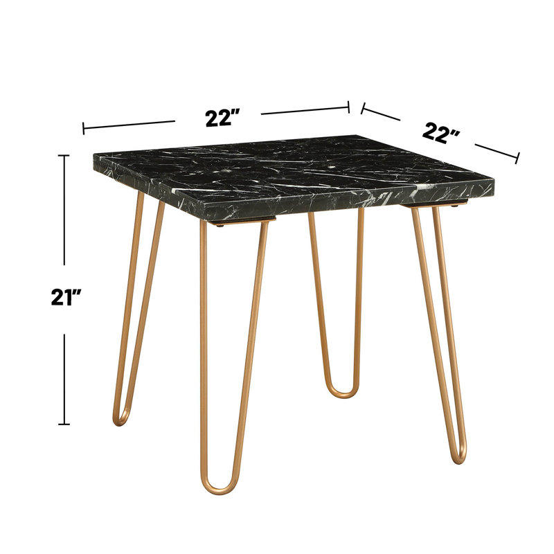 Table de bout carrée en marbre avec base en métal, Noir, Doré