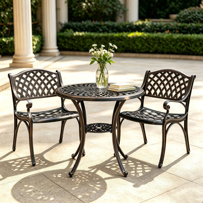 Cast Aluninum Bistro Patio Set 3 Piece Metal Outdoor Bistro Table and Chairs Set of 2 for Garden，Bronze