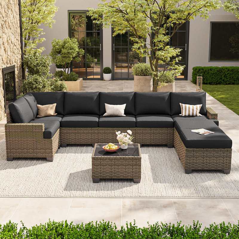 Ensemble de conversation de patio en osier 9 pièces, ensemble de conversation modulaire avec coussins et table basse, Noir