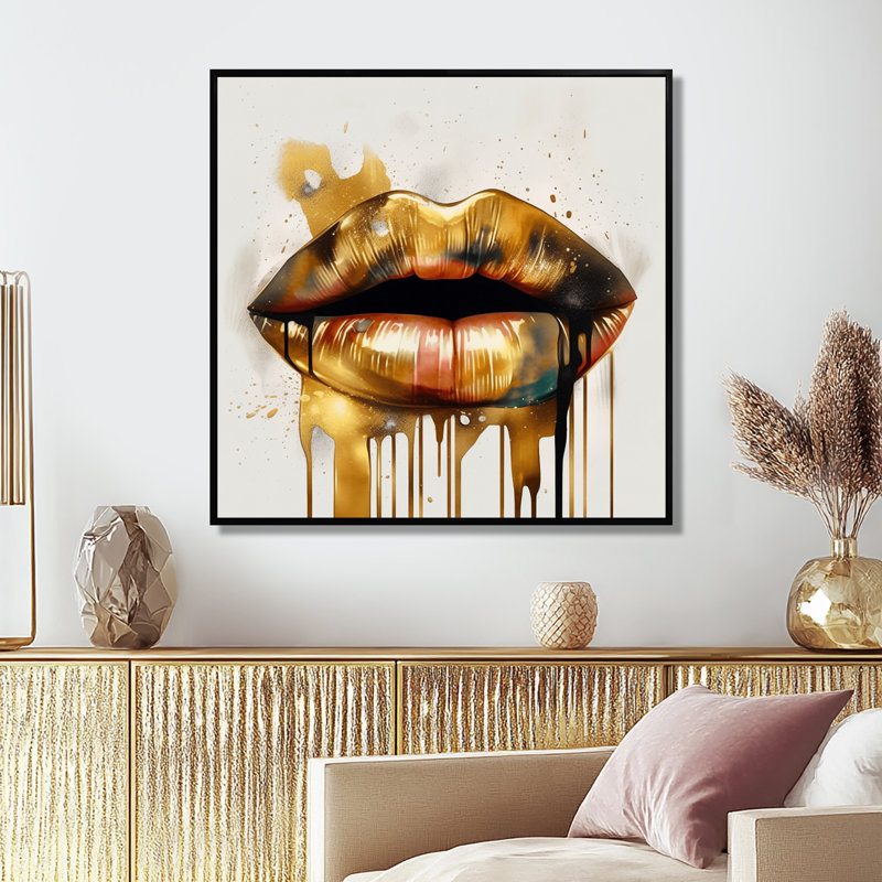 «Gold Lips Of Luxury I», art mural sur toile tendance, 44" H x 44" W, Cadre flottant noir