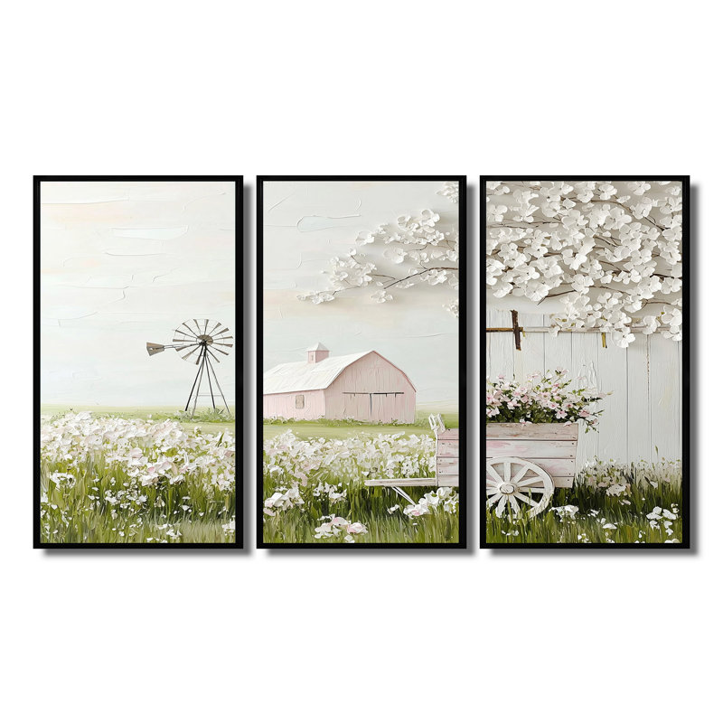Paysage de ferme dans des tons de rose et de vert III - Ensemble de décoration murale de ferme, H 32 po x l 48 po x P 1 po