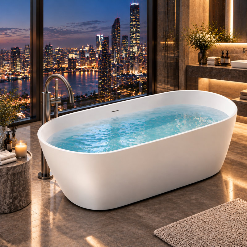 Baignoire de trempage autoportante à surface solide de 71 pouces KAKUSIGA pour salle de bain