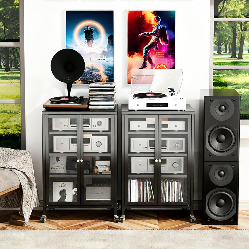Meuble audio-vidéo de 35,8 po de hauteur avec 4 tablettes réglables en verre, structure en acier, roues et gestion des câbles pour installation télé