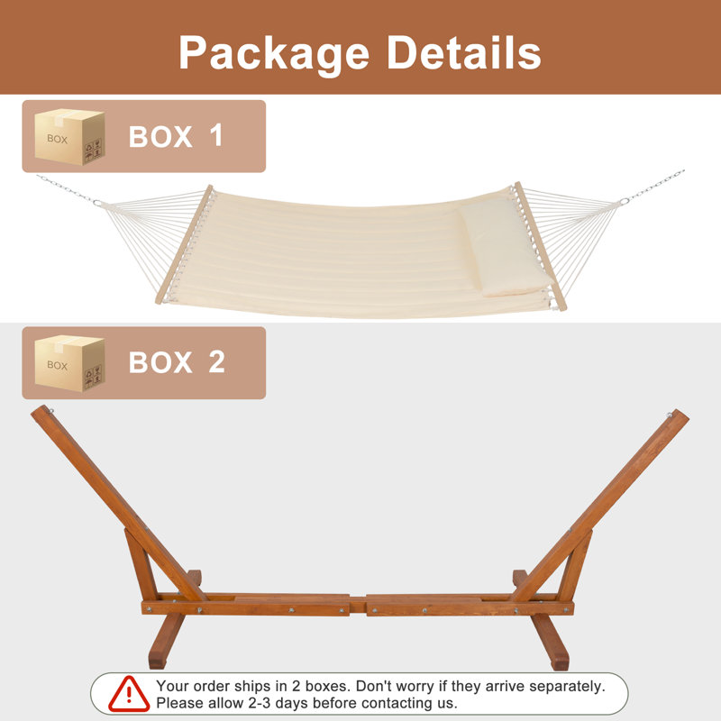 Hamac double matelassé pour 2 personnes avec support de hamac réglable en bois de 12 à 14 pieds, Beige