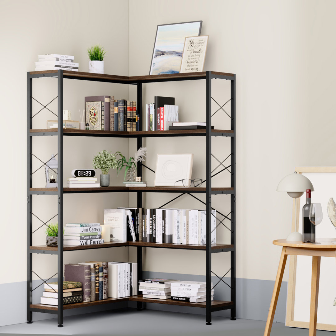5-Shelf Corner Bookcase, Vintage Industrial Corner Bookcase Etagere Bookcase, Large Bookcase with Metal Frame Open Storage Corner Cabinet