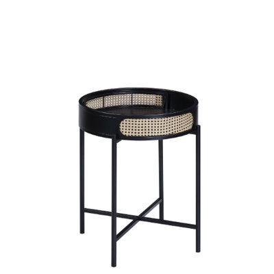 Table de finition noire avec plateau en bois, pieds en métal, insert et compartiment de rangement pratique, capacité des pieds
