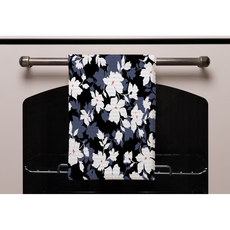 Cotton Floral Waffle Tea Towel Kitchen Towel, White/Black/Purple