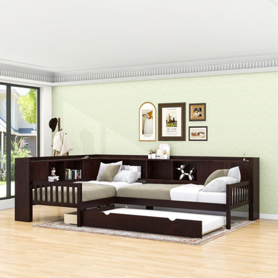 L-Shaped Twin Platform Bed With Twin Trundle And Storage Drawers
