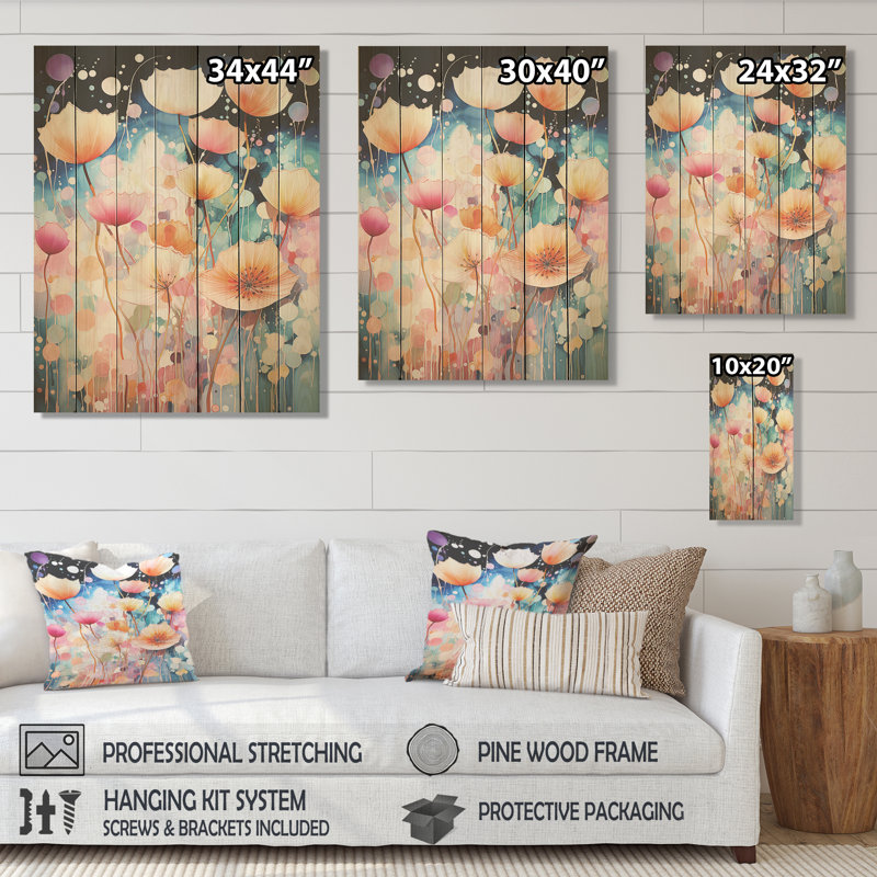 Rose et bleu, charmantes prairies printanières - botaniques sur bois, H 20 po x l 10 po