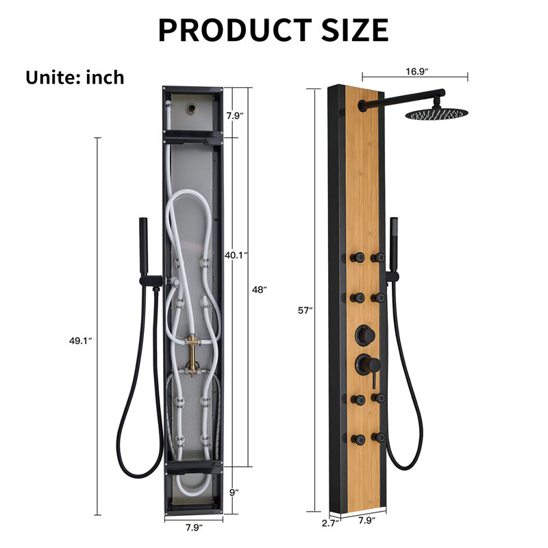 3-way Diverter Shower Tower Panel System With Rainfall Shower Head And Handheld Shower Head in Black and Bamboo