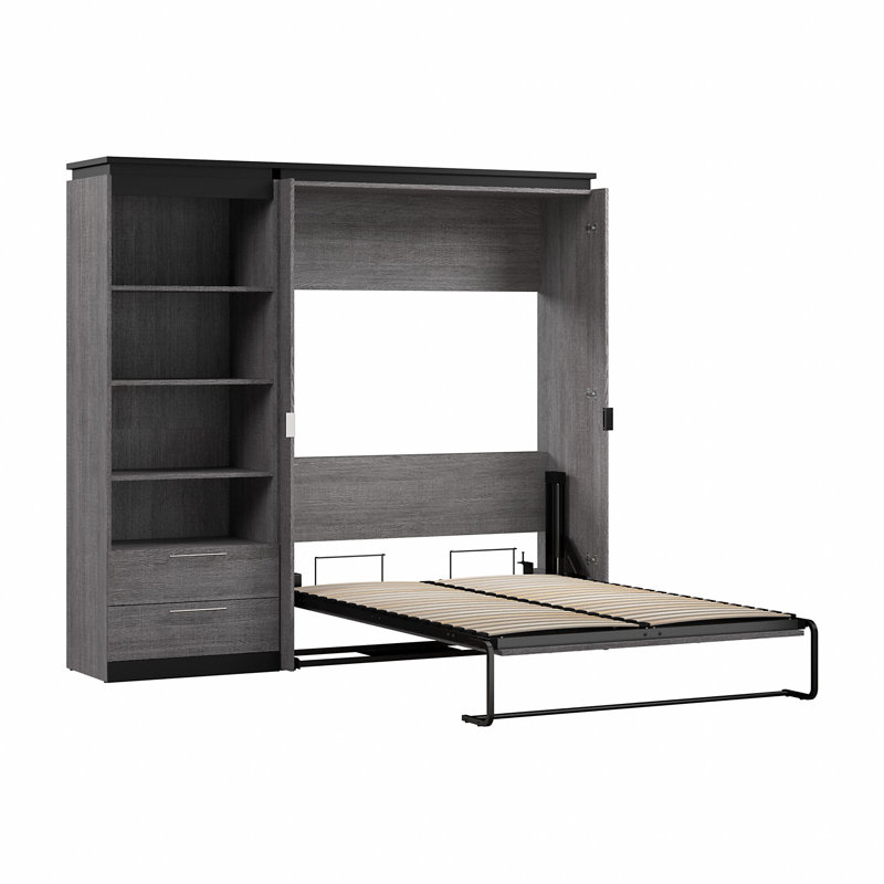 Lit escamotable complet Camalla et étagère avec tiroirs, Écorce gris