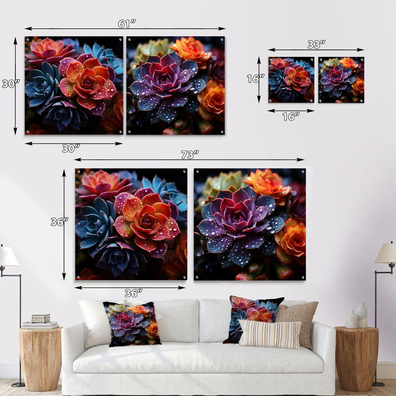 «Colorful Succulents Come Alive» - ensemble de 2 verres muraux en acrylique, H 16 po x l 33 po