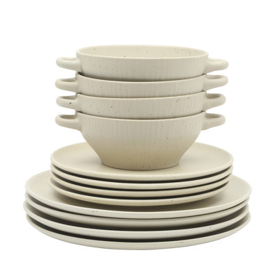 Gibson Elite Clover Hill 12-Piece Stoneware Dinnerware Set - Embossed Reactive Glaze - Service for 4 - White Cream
