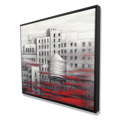 Gray City with Red Clouds - Red Building Framed Canvas Decor