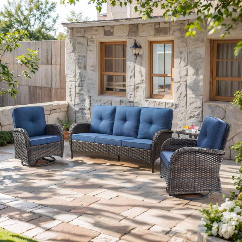 Ensemble de conversation pour patio en osier pour 5 personnes avec coussins Aristil, Bleu