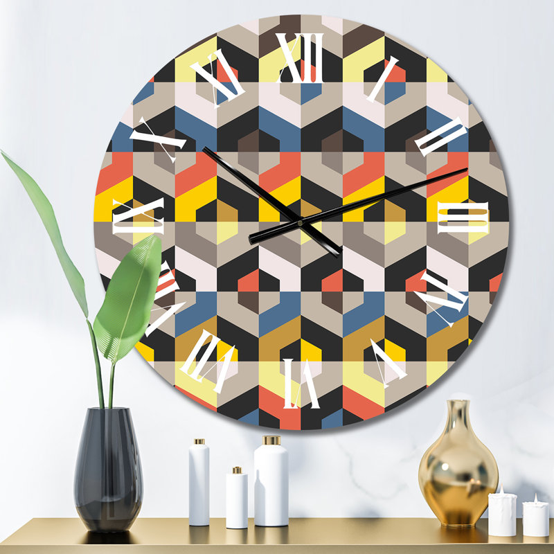 Jaune, bleu, orange et géométrie - Horloge murale à motifs, Moyen