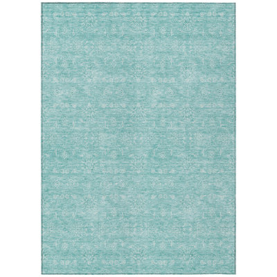 9' X 12' Aqua And Ivory Floral Washable Indoor Outdoor Area Rug