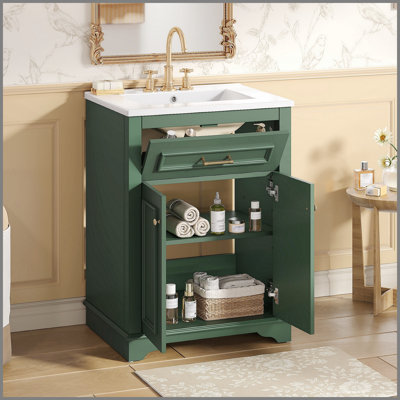 Meuble-lavabo de 24 pouces avec lavabo en céramique intégré, deux portes, un tiroir rabattable, idéal pour les petites et moyennes salles de bain, vert