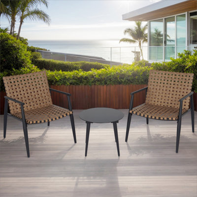 Modern Outdoor Chat Set: 2 PE Rattan Chairs + Black Steel & Tempered Glass Side Table – Durable & Stylish