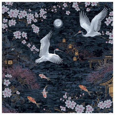 Tapisserie murale Cranes Cherry Blossoms Moon - Nature