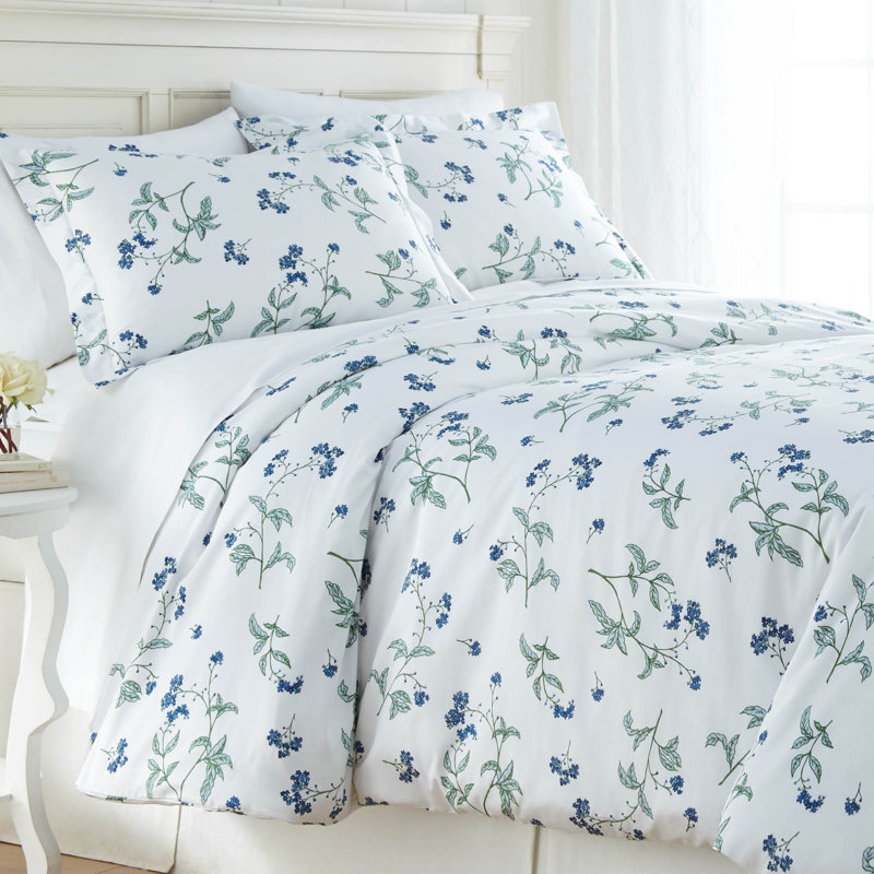 Southshore Fine Linens Myosotis Scorpiodes Duvet Cover Set in Green, 100% Cotton 300 Thread Count Sateen Bedding with Floral Print, 1 Duvet Cover and 2 Pillow Shams, Full / Queen