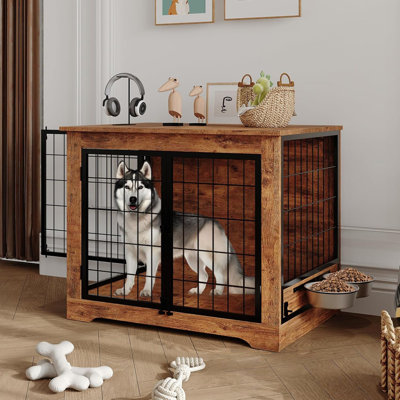 Meuble pour chien de 37,2 po avec mangeoire rotative à 360 ° et chenil en bois robuste pour l'intérieur avec 2 portes