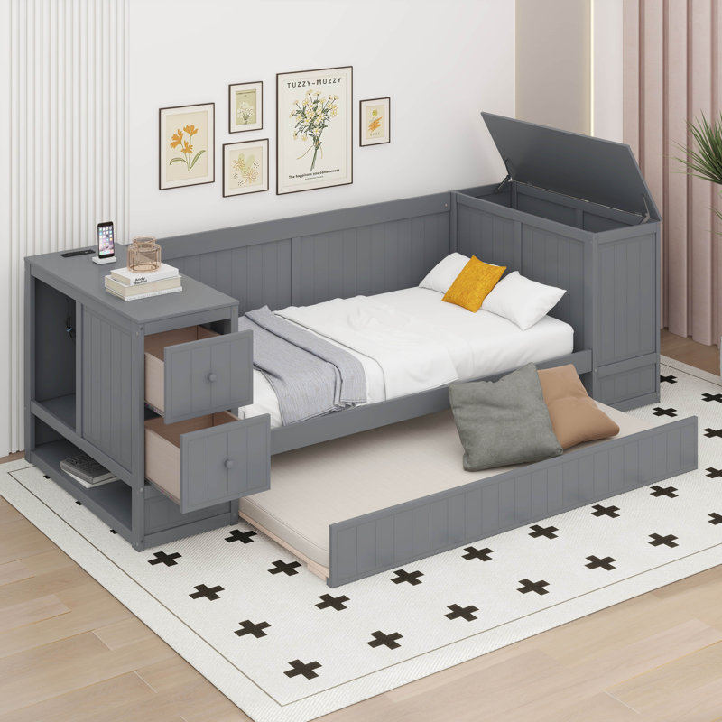 Lit de jour simple avec couchette et tiroirs, Gris