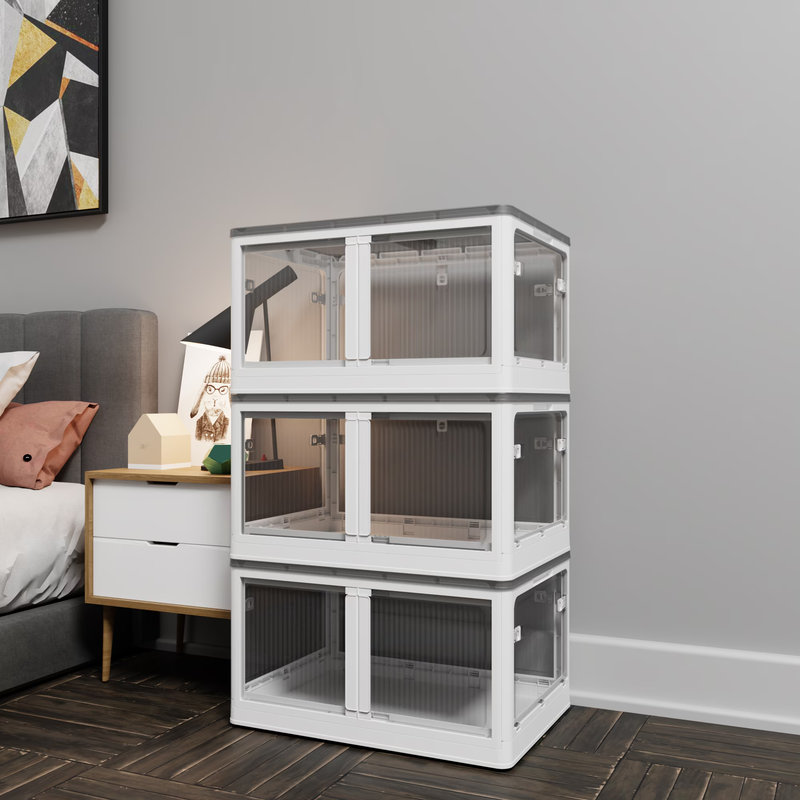506QT 4-Pack Transparent Stackable Storage Bins with 5 Doors to Open with Wheels, Folding Plastic Craft Containers Large Closet Organizers Box for Bedrooms Living Rooms Study Kids' Toys, Whtite