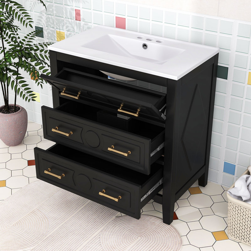 Meuble-lavabo rétro avec 3 tiroirs et lavabo en céramique pour la salle de bain, Noir