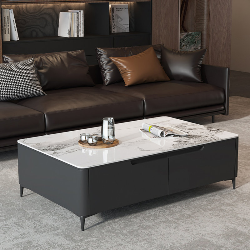 Modern rectangular stone slab coffee table, 16.5" H x 55.1" L x 27.6" W, Black