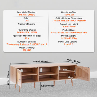 Meuble télé en rotin pour téléviseur de 65 pouces, meuble audio-vidéo avec prise intégrée et ports USB, meuble télé Boho avec porte en rotin, console télé moderne pour le salon, salle multimédia, blanc
