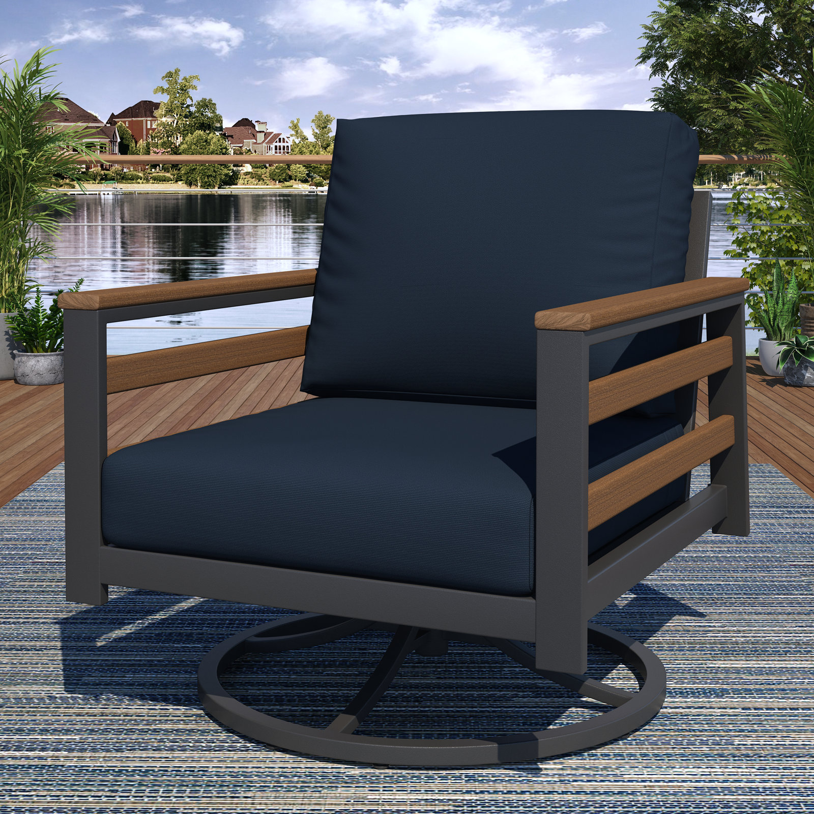 Townsend Sunbrella® Metal Swivel Patio Rocking Chair, Canvas Navy, Brown