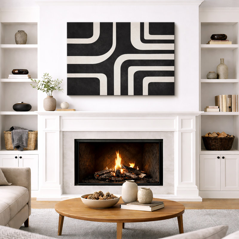 Abstrait noir et blanc, motif de courbes géométriques rétro, images de salon moderne, impression sur toile encadrée