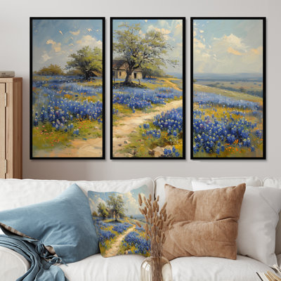 «Blue Green Summer Meadow Charm Blue Bonnets II - Blue Bonnets», ensemble d'art mural