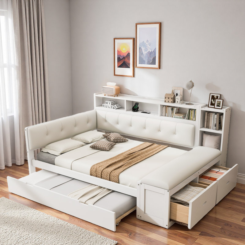 Comfortable Daybed With Trundle, Storage Shelves, Bench, Charging Station And Upholstered Headboard, White