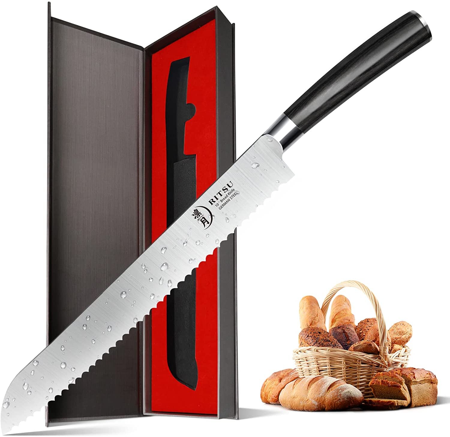Cook N Home 10-In. High-Carbon Steel Full Tang Wavy Serrated Edge Slicer Bread Knife with Ergonomic Handle, Black