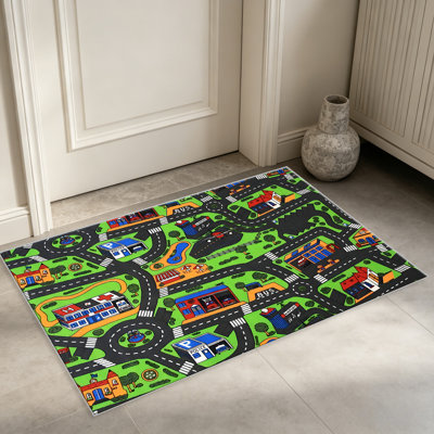 Tapis vert Green City Road pour le salon, doux et confortable, convient à toutes les saisons, facile à entretenir, tapis de sol intérieur lavable à la machine, sous la table de ferme convenant à la chambre à coucher, à la salle à manger, au bureau, au patio, au balcon, à la décoration intérieure