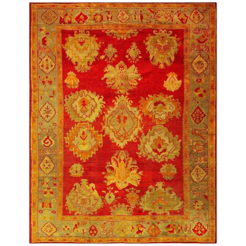 1890s Red Ground Geometric Knotted Wool Antique Oushak Turkish Decorative Rug Round 13'0"
